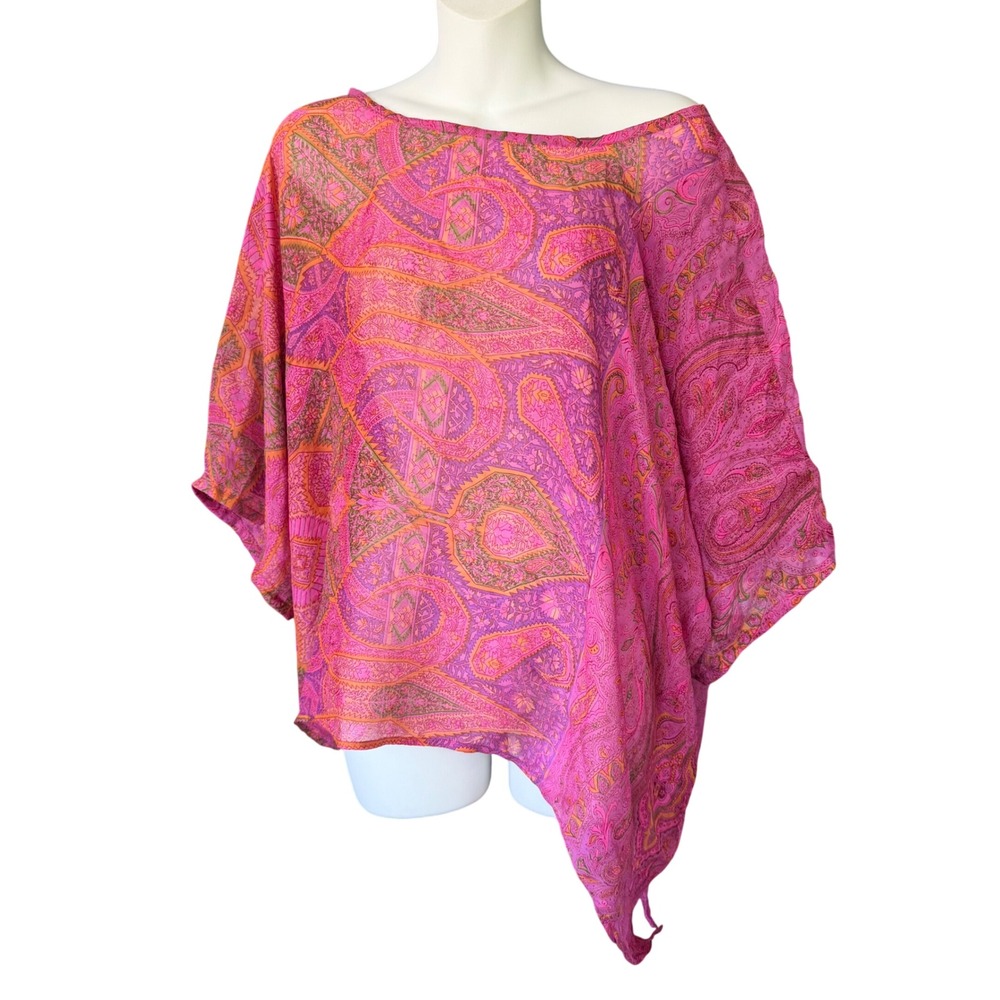 Indie Ella Sheer Poncho Top Dolman Sleeve 100% Silk Paisley Pink One Size